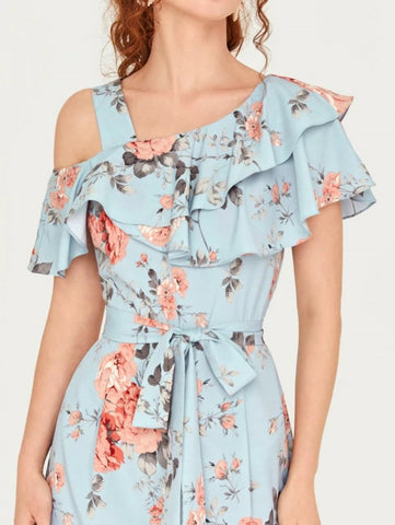 Rose Floral Print Ruffled Belted Jumpsuit