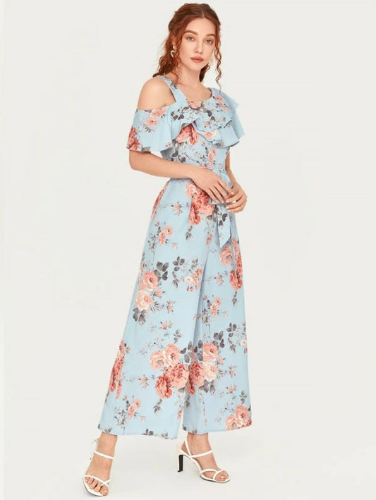 Rose Floral Print Ruffled Belted Jumpsuit