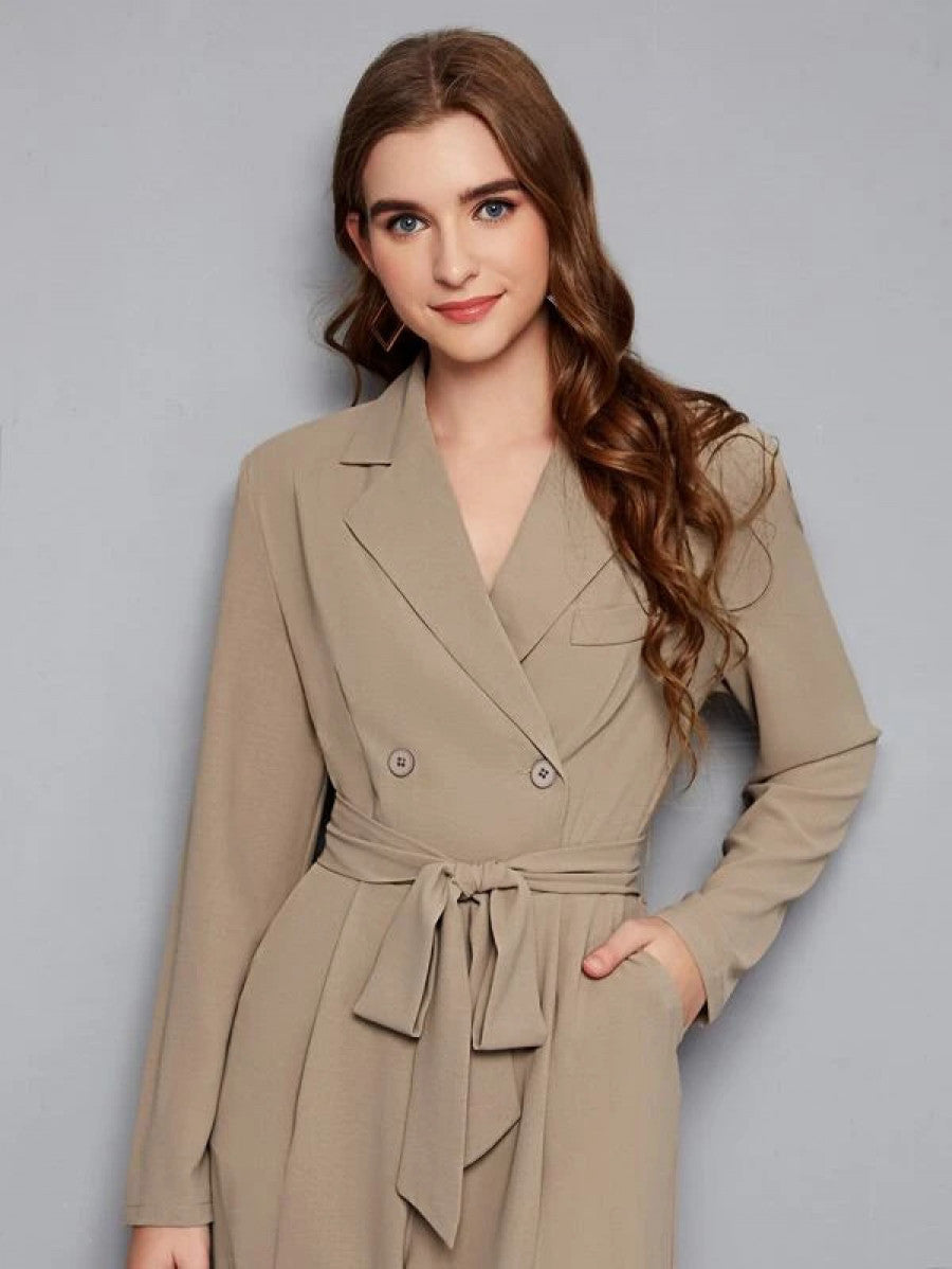 Notched Collar Buttoned Front Self Belted Jumpsuit