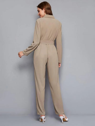 Notched Collar Buttoned Front Self Belted Jumpsuit