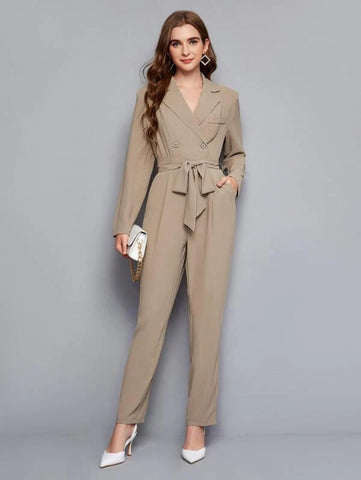 Notched Collar Buttoned Front Self Belted Jumpsuit