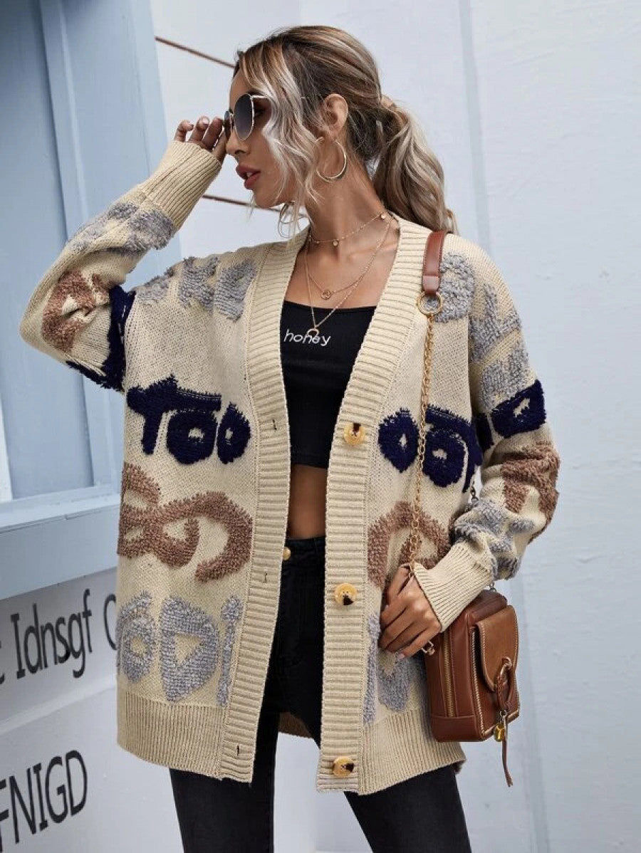 Letter Pattern Button Through Cardigan