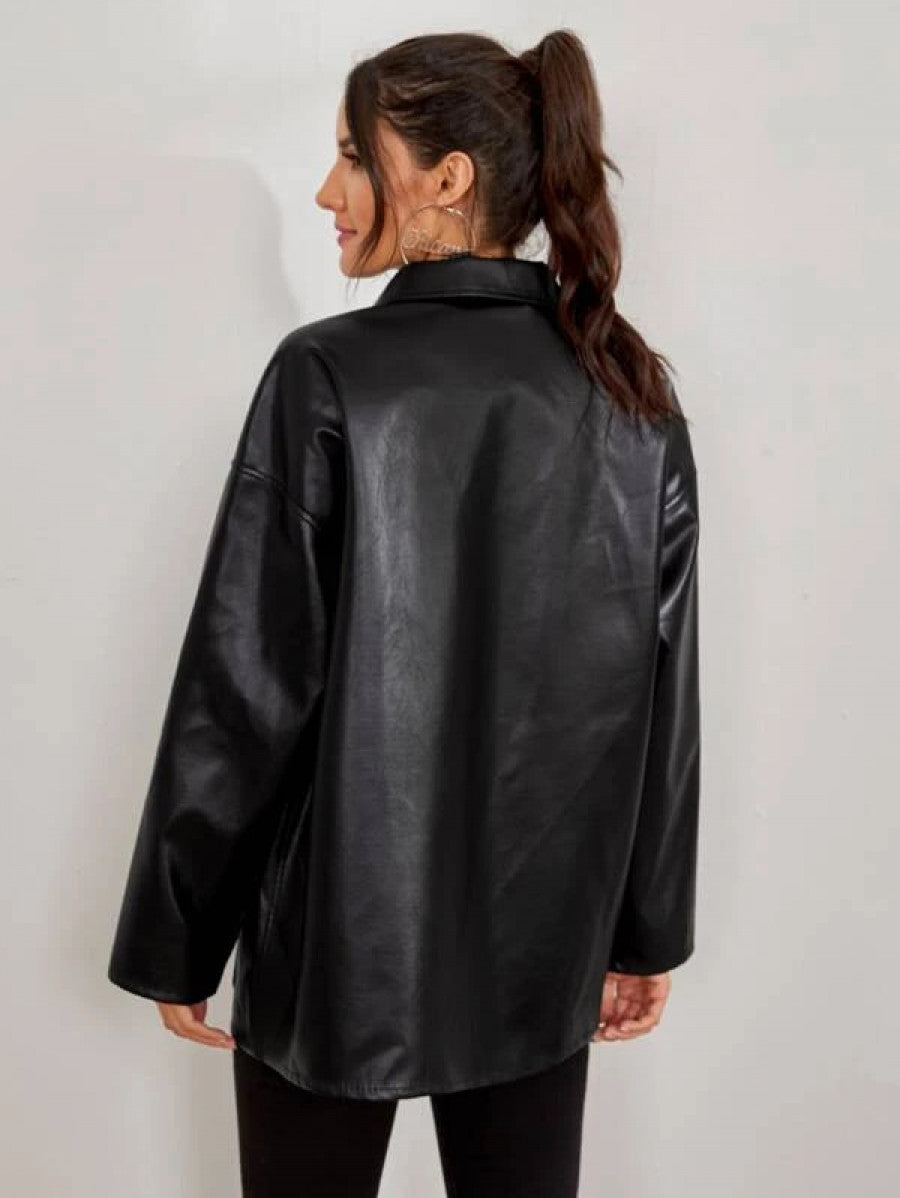 Button Front Drop Shoulder PU Leather Coat