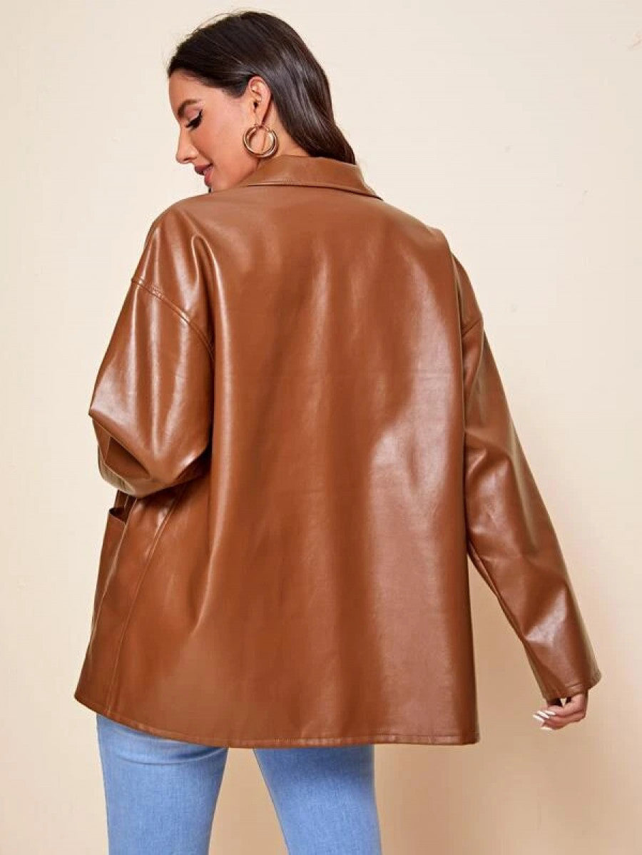 Button Front Drop Shoulder PU Leather Coat