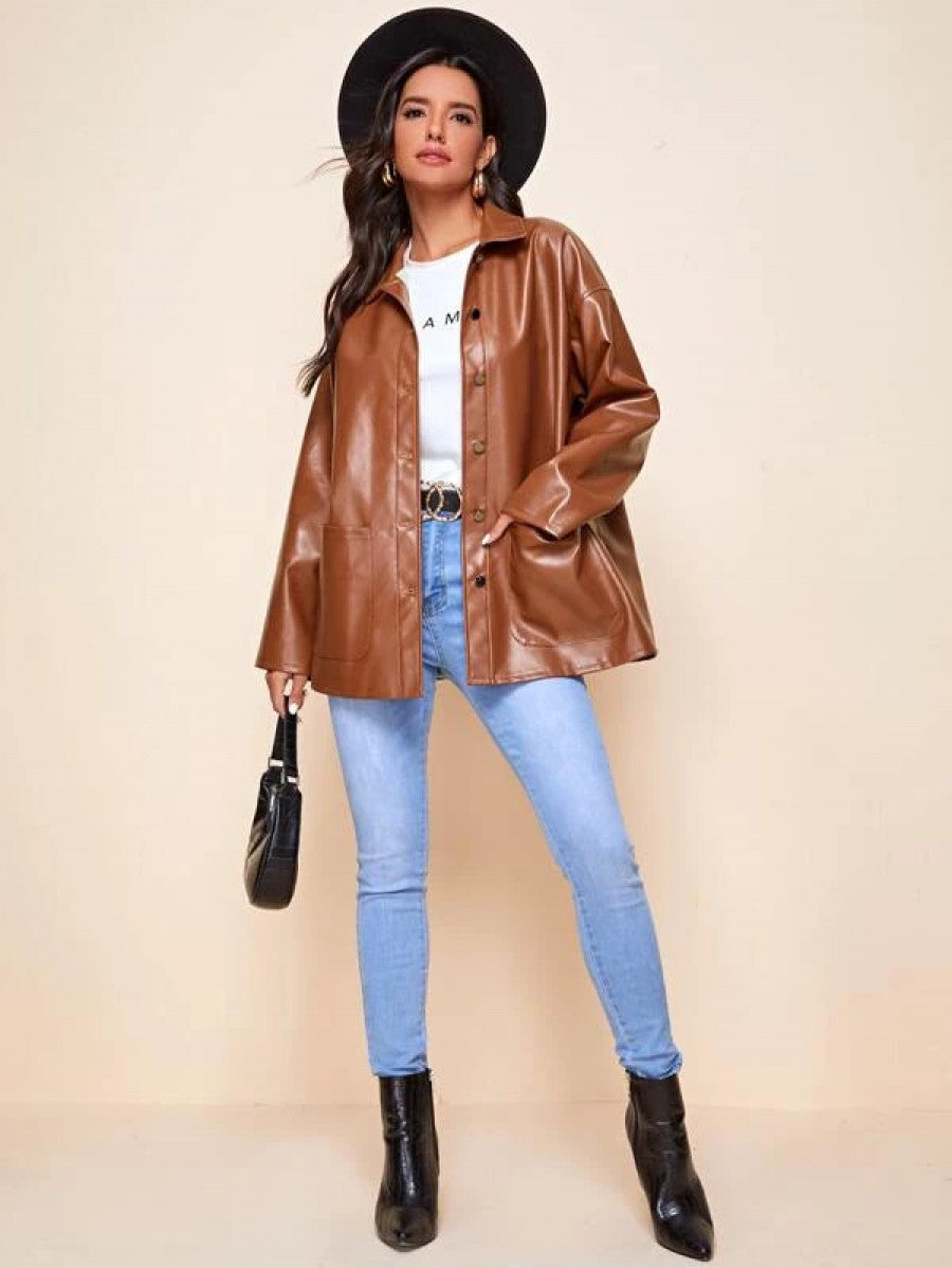 Button Front Drop Shoulder PU Leather Coat