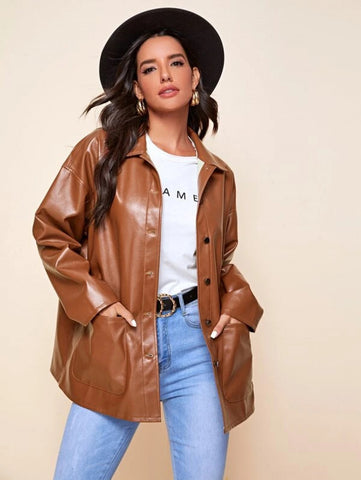 Button Front Drop Shoulder PU Leather Coat