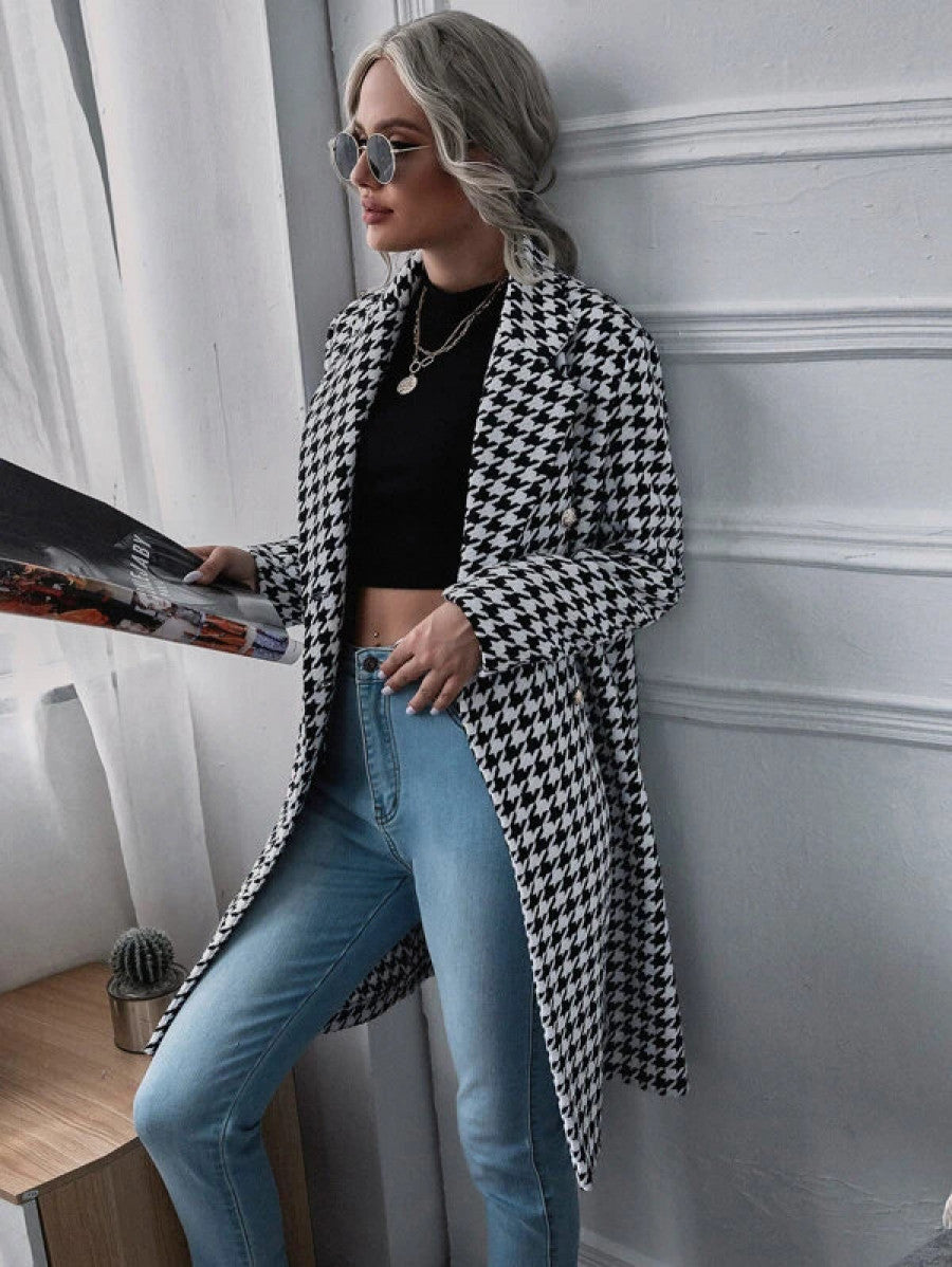 Lapel Collar Double Breasted Houndstooth Coat