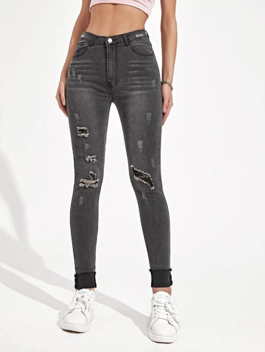 High Waisted Ripped Cuffed Hem Skinny Jeans