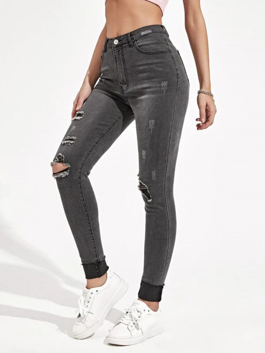 High Waisted Ripped Cuffed Hem Skinny Jeans