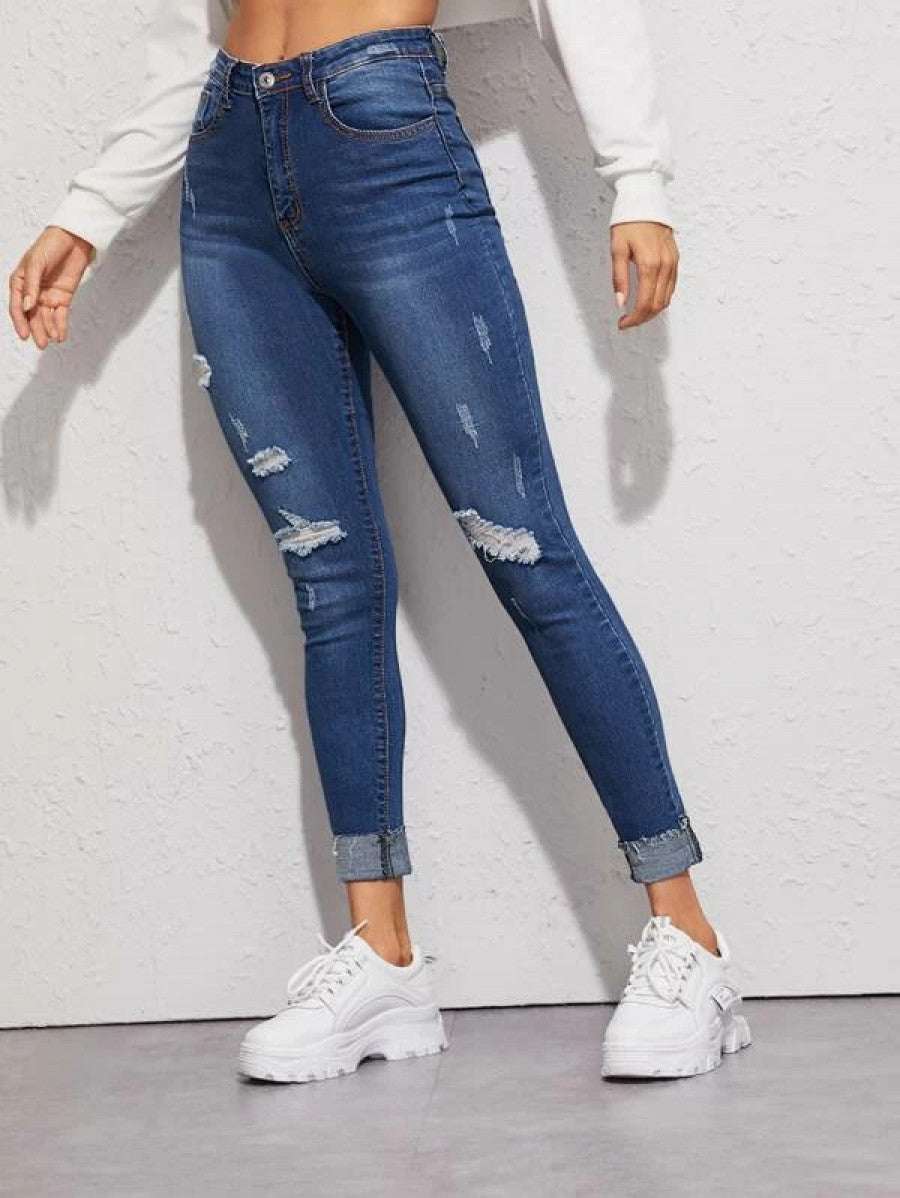 High Waisted Ripped Cuffed Hem Skinny Jeans