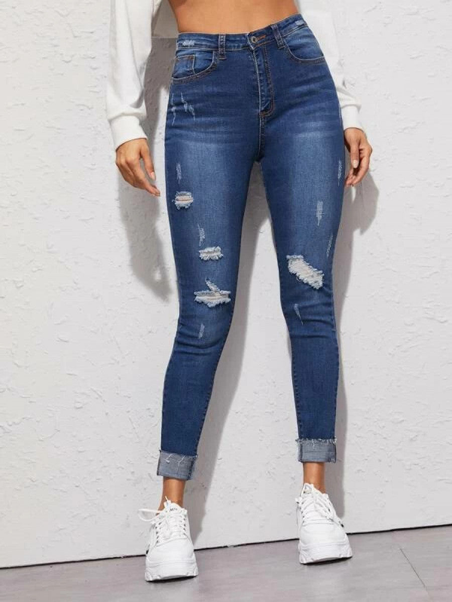 High Waisted Ripped Cuffed Hem Skinny Jeans