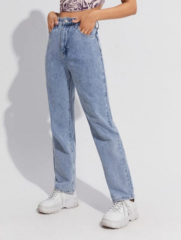 High Waist Slant Pocket Straight Jeans