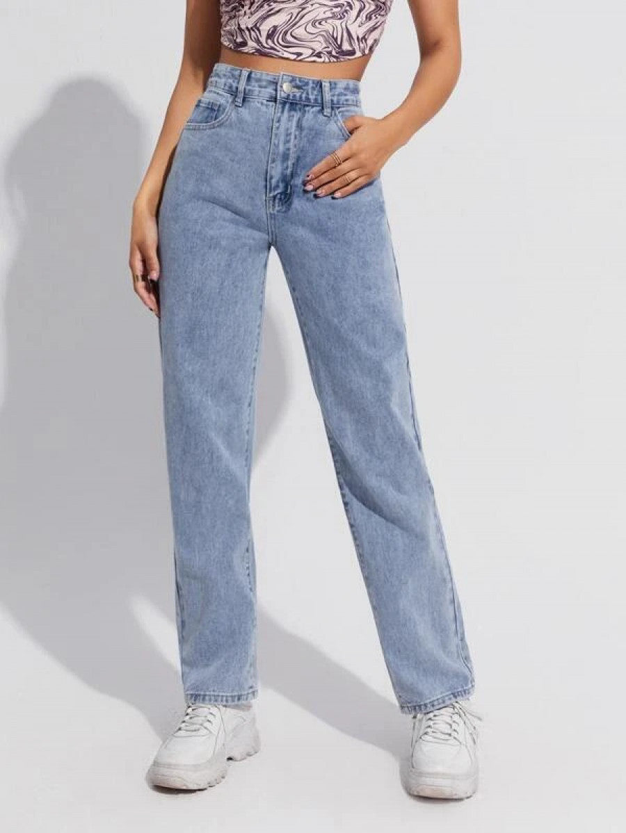 High Waist Slant Pocket Straight Jeans