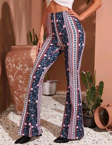 Floral and Striped Print Flare Leg Pants