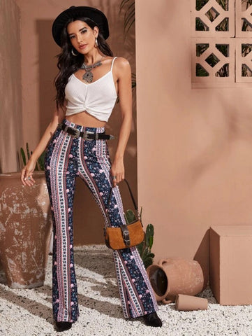 Floral and Striped Print Flare Leg Pants