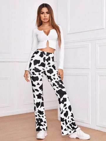 Cow Print High-Rise Flare Pants