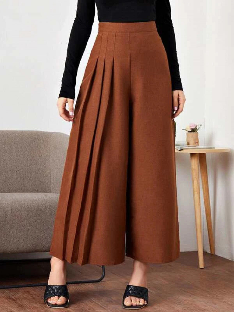 Fold Pleated Detail Wide Leg Pants