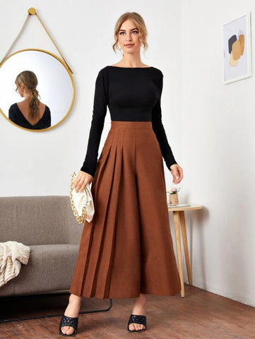 Fold Pleated Detail Wide Leg Pants