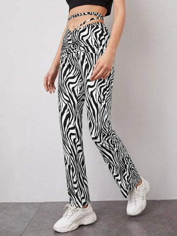 Zebra Striped Ruched Crisscross Tie Back Waist Flare Leg Pants