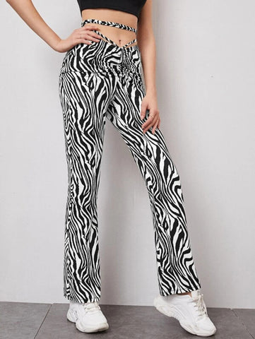 Zebra Striped Ruched Crisscross Tie Back Waist Flare Leg Pants