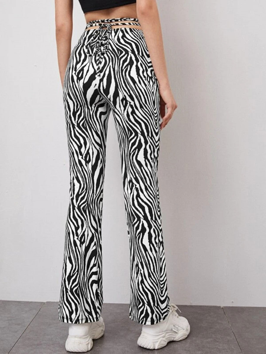 Zebra Striped Ruched Crisscross Tie Back Waist Flare Leg Pants