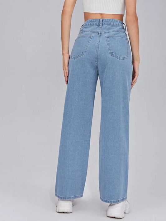 Zipper Fly Embroidery Heart Wide Leg Jeans