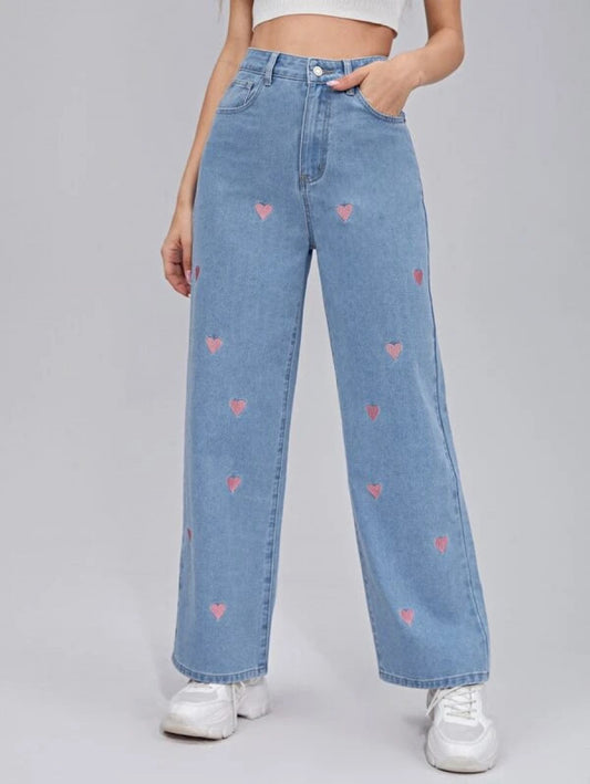 Zipper Fly Embroidery Heart Wide Leg Jeans