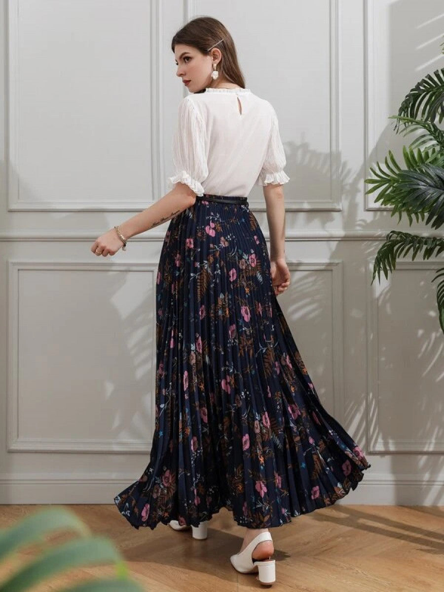 Allover Floral Belted Pleated Skirt