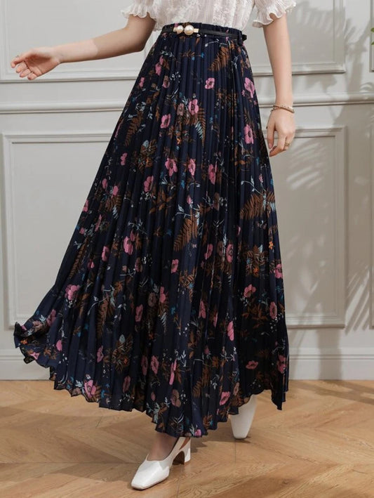 Allover Floral Belted Pleated Skirt