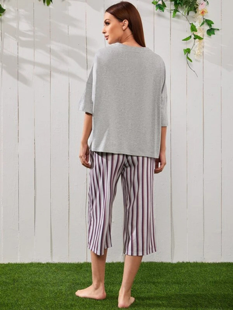 Figure Graphic Drop Shoulder Top & Striped Pants PJ Set