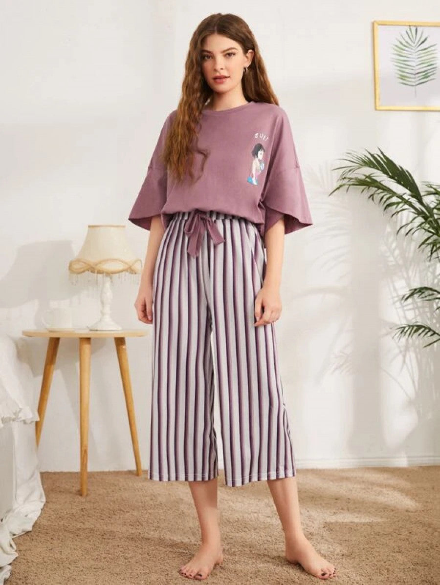 Figure Graphic Drop Shoulder Top & Striped Pants PJ Set