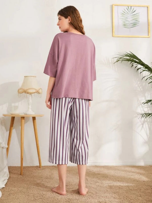 Figure Graphic Drop Shoulder Top & Striped Pants PJ Set