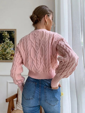 Cable Knit Lantern Sleeve Crop Sweater