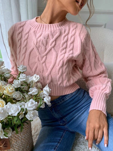 Cable Knit Lantern Sleeve Crop Sweater