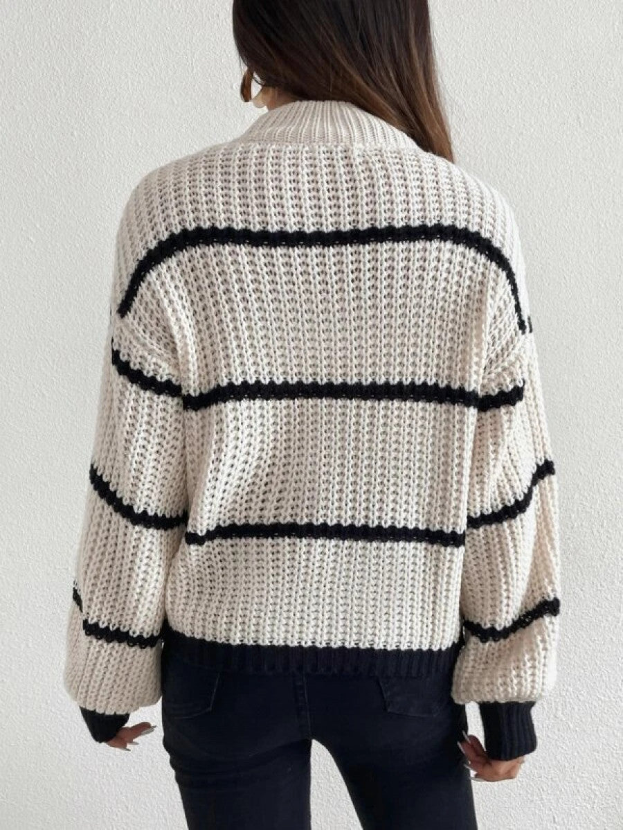 Striped Mock Neck Drop Shoulder Sweater