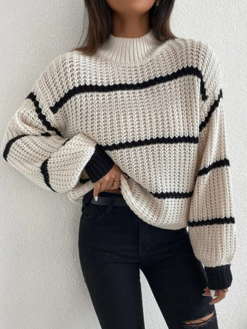 Striped Mock Neck Drop Shoulder Sweater