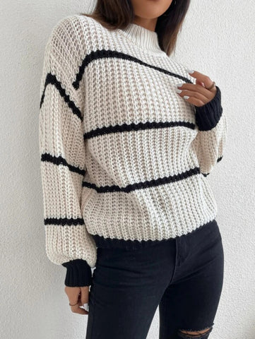 Striped Mock Neck Drop Shoulder Sweater