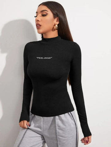 Mock Neck Letter Embroidered Rib-knit Tee