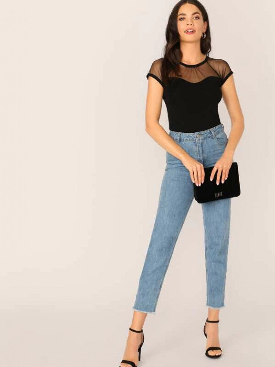 Sheer Mesh Yoke Slim Tee