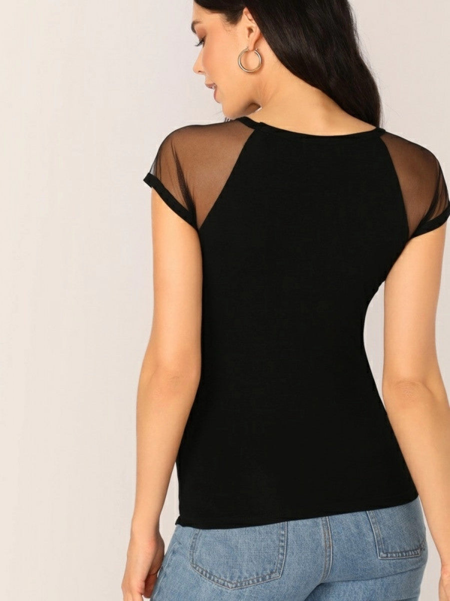 Sheer Mesh Yoke Slim Tee