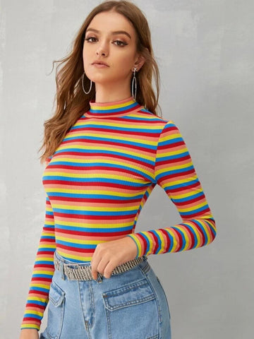 Mock-neck Rib-knit Striped Tee