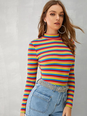 Mock-neck Rib-knit Striped Tee