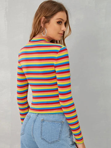 Mock-neck Rib-knit Striped Tee