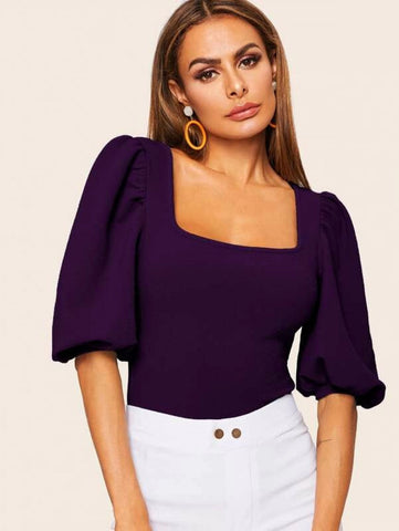 Bishop Sleeve Square Neck Slim Top