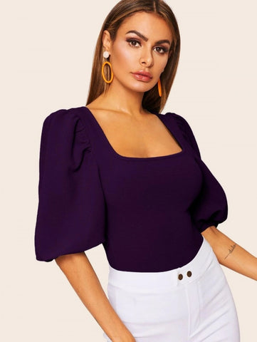 Bishop Sleeve Square Neck Slim Top