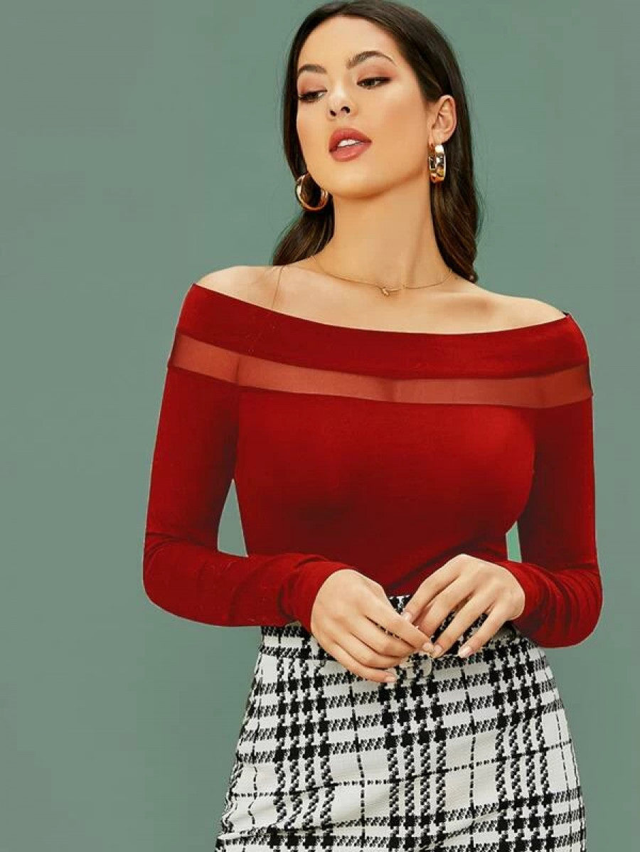 Sheer Mesh Insert Off-the-Shoulder Top