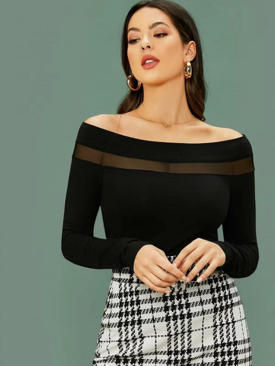 Sheer Mesh Insert Off-the-Shoulder Top