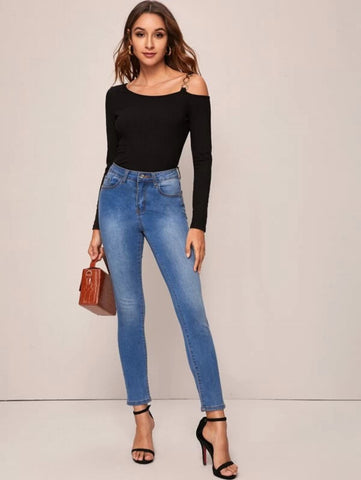 Chain Strap Asymmetrical Neck Rib-knit Tee