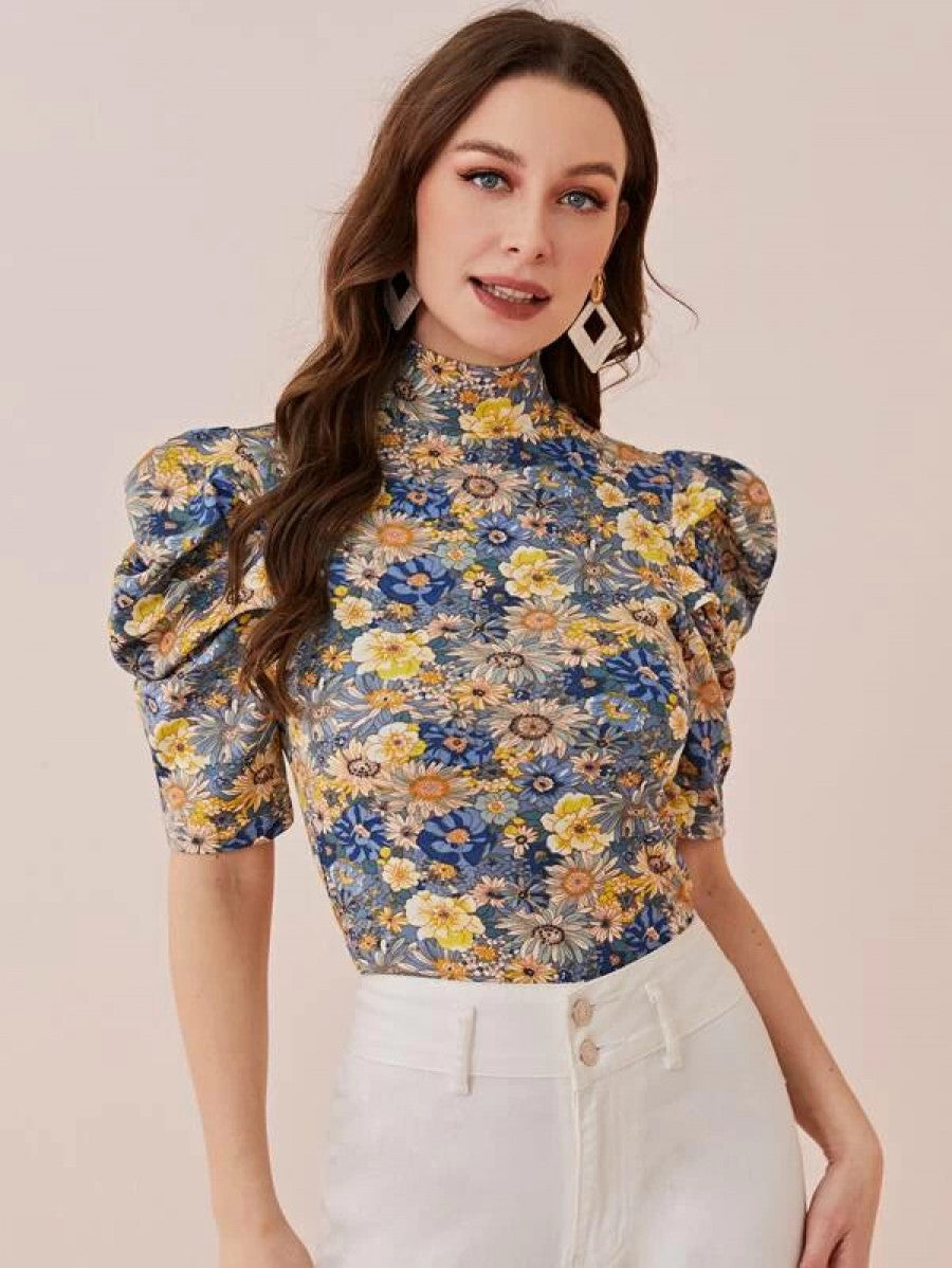 Mock Neck Puff Sleeve Floral Top