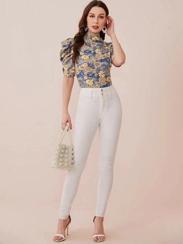 Mock Neck Puff Sleeve Floral Top